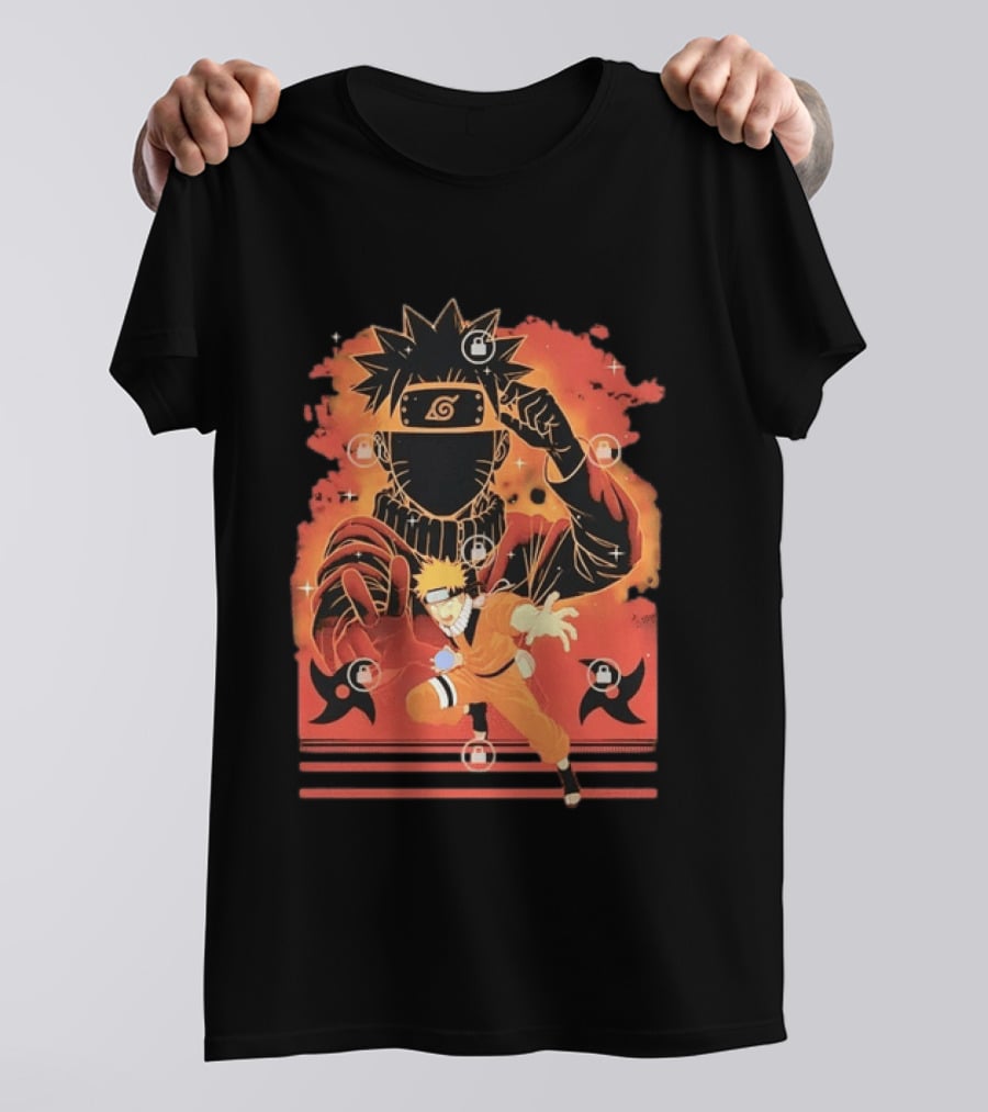 Naruto Uzumaki Ninja Action Anime Manga Shadow Clone Jutsu Shuriken Flames T-Shirt