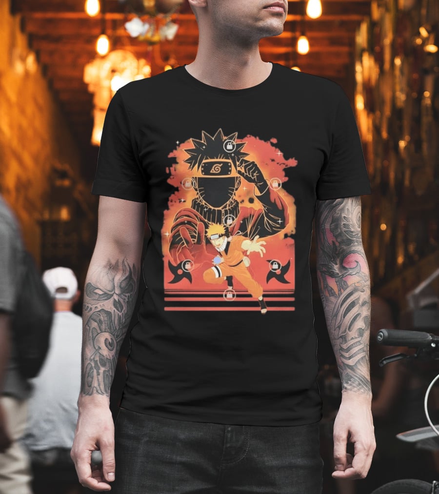 Naruto Uzumaki Ninja Action Anime Manga Shadow Clone Jutsu Shuriken Flames T-Shirt