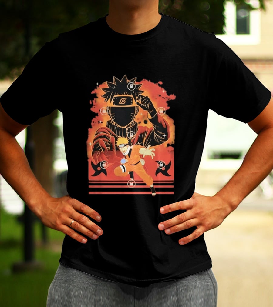 Naruto Uzumaki Ninja Action Anime Manga Shadow Clone Jutsu Shuriken Flames T-Shirt