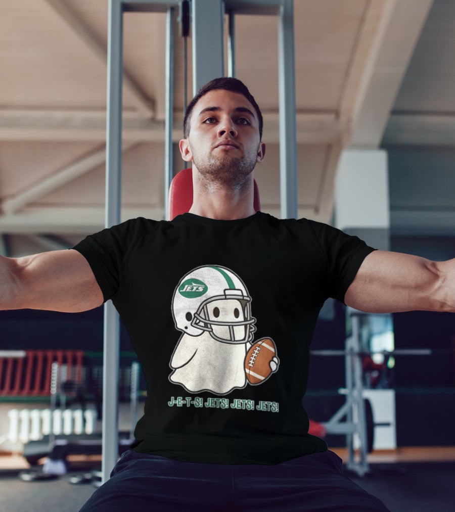 J E S Jets Jets Jets New York Jets Football Helmet Ghost Holding Football T-Shirt