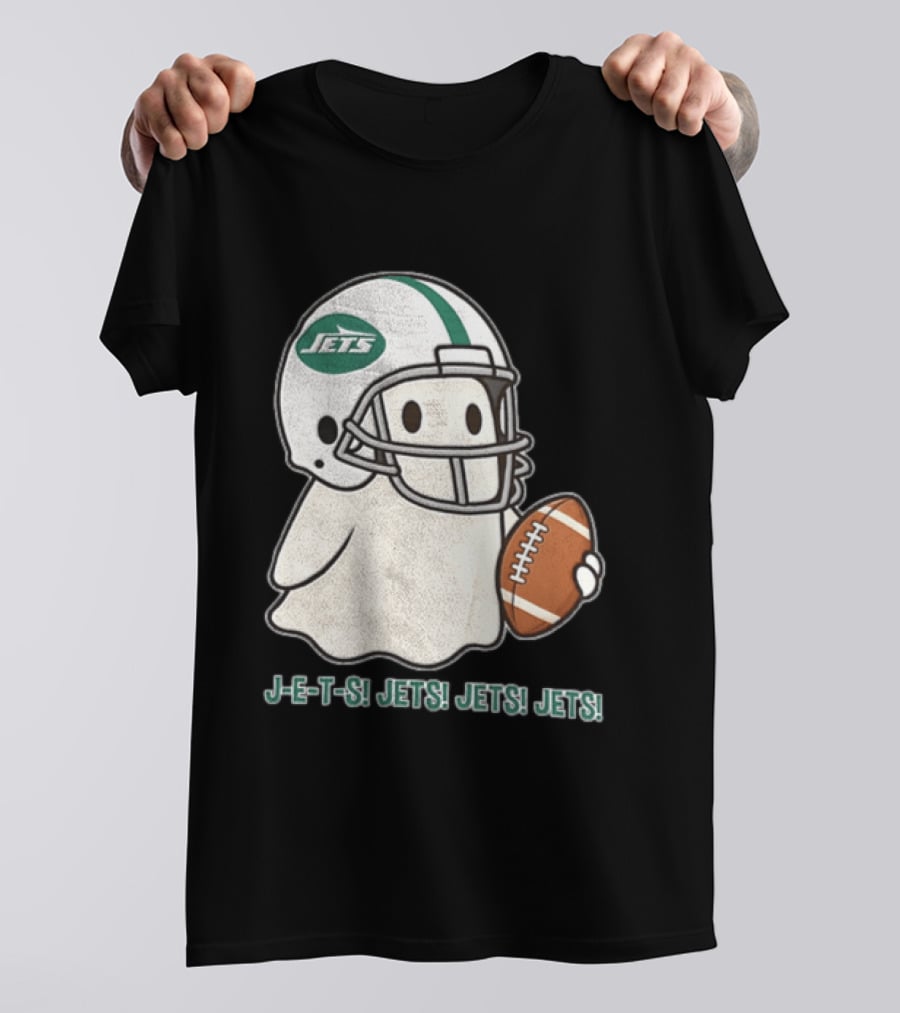 J E S Jets Jets Jets New York Jets Football Helmet Ghost Holding Football T-Shirt