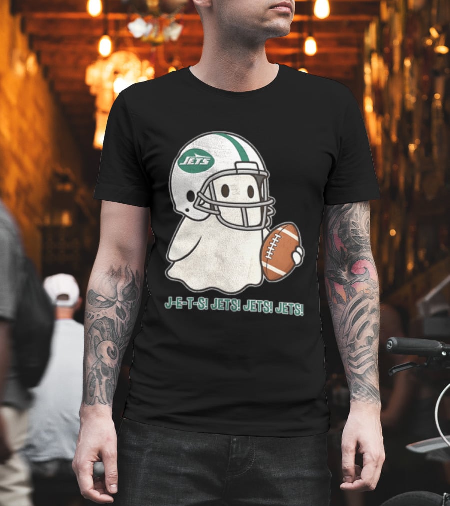 J E S Jets Jets Jets New York Jets Football Helmet Ghost Holding Football T-Shirt