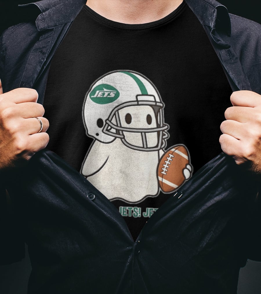 J E S Jets Jets Jets New York Jets Football Helmet Ghost Holding Football T-Shirt