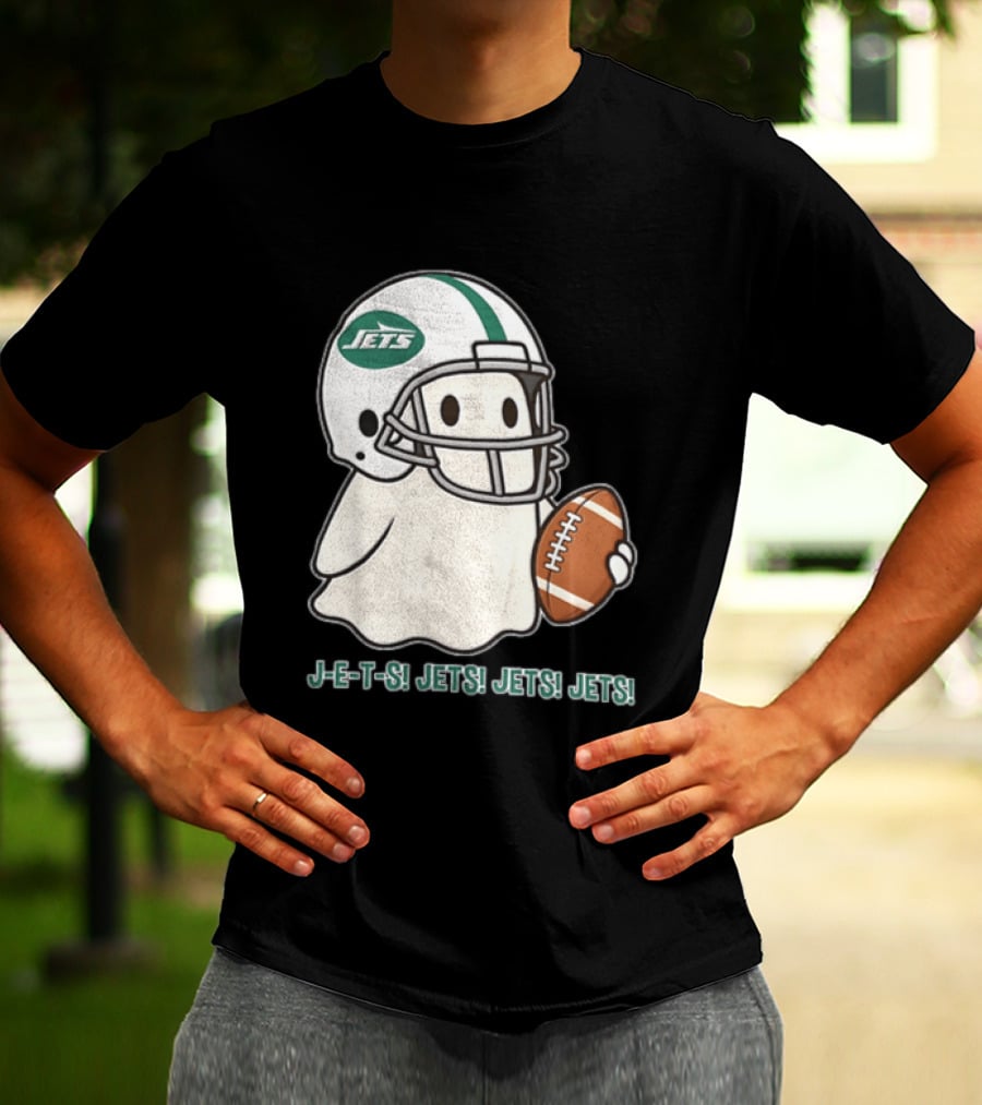 J E S Jets Jets Jets New York Jets Football Helmet Ghost Holding Football T-Shirt