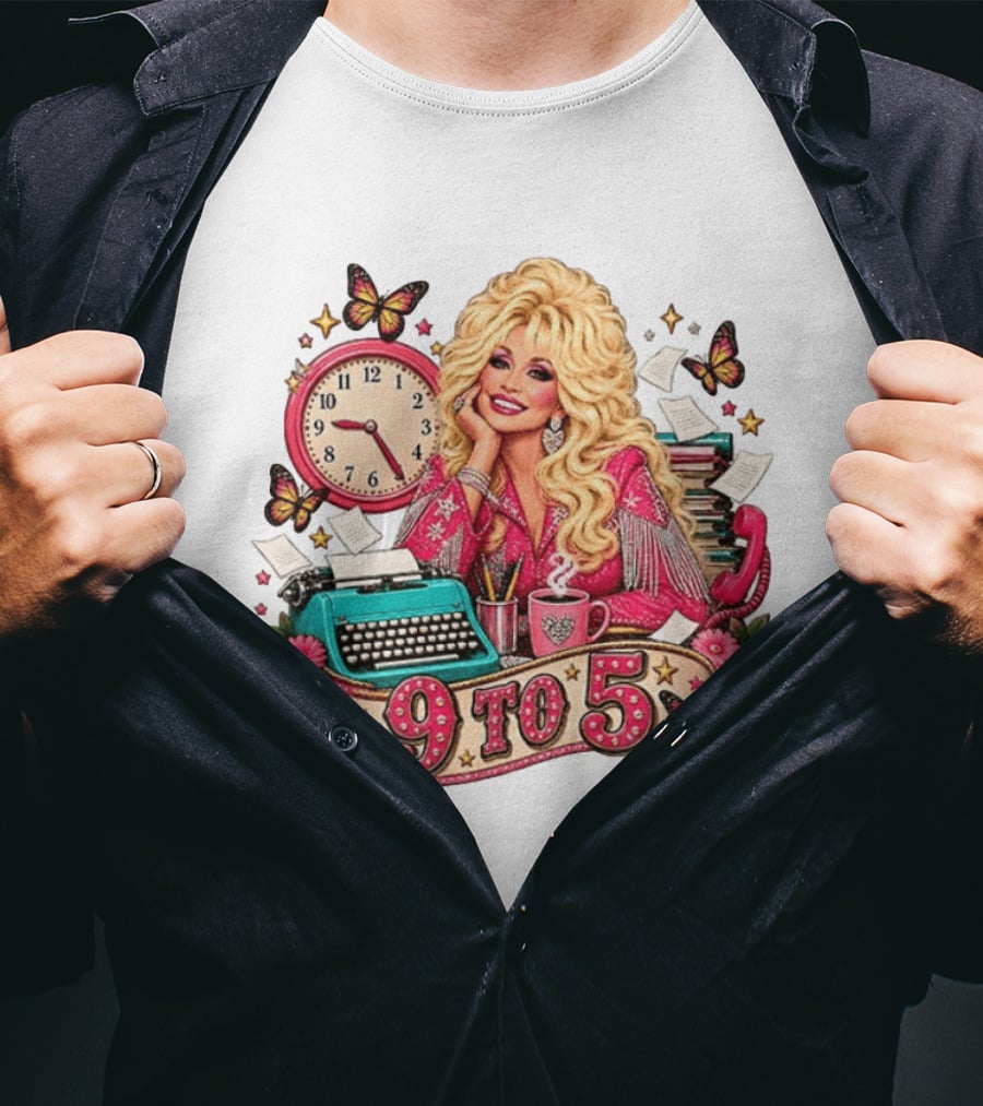 9 To 5 Dolly Parton Music Western Cowgirl Icon With Butterflies And Typewriter T-Shirt