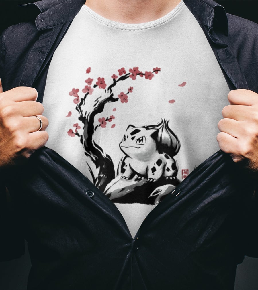 Bulbasaur Sumi E Ink Wash Painting With Cherry Blossom Pokemon T-Shirt