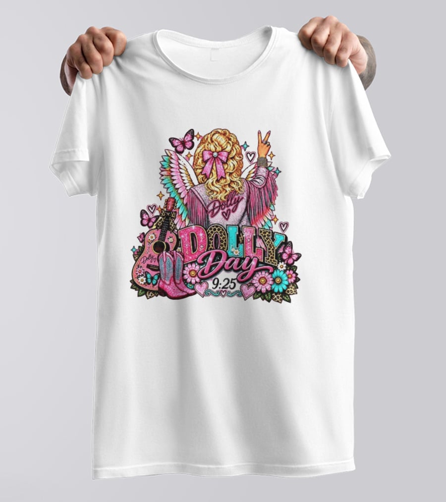Dolly Day 9.25 Pink Cowgirl Boots Guitar Western Butterflies Hearts T-Shirt