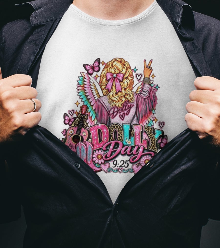 Dolly Day 9.25 Pink Cowgirl Boots Guitar Western Butterflies Hearts T-Shirt