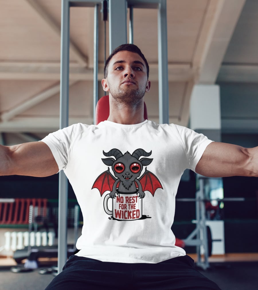 No Rest For The Wicked Little Demon Coffee Red Eyed Bat Wings T-Shirt
