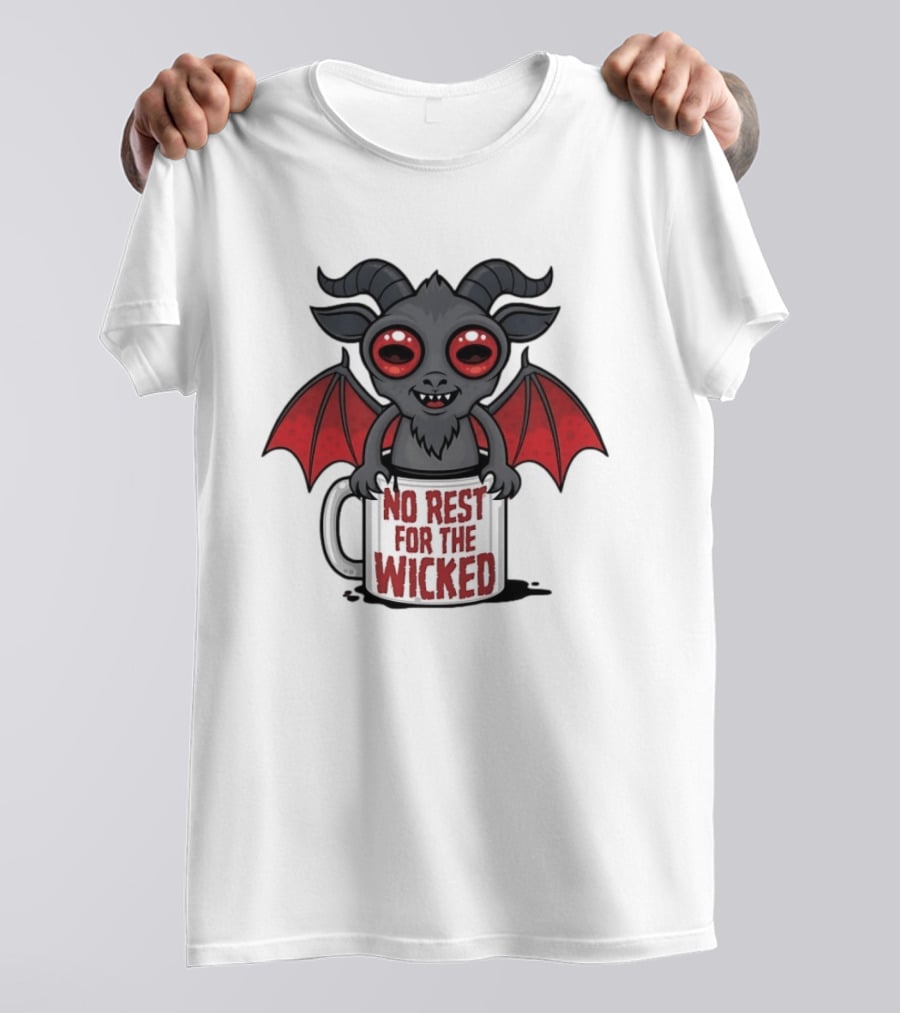 No Rest For The Wicked Little Demon Coffee Red Eyed Bat Wings T-Shirt