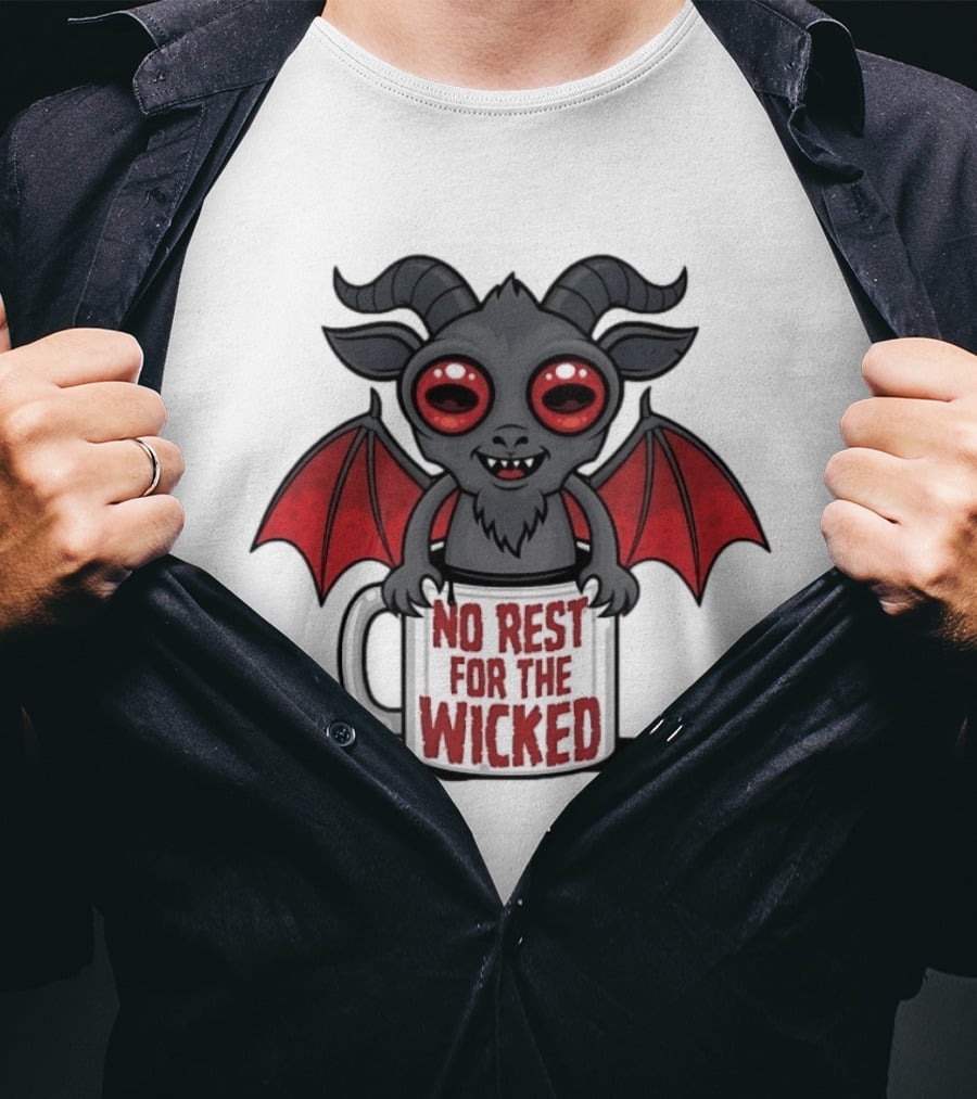 No Rest For The Wicked Little Demon Coffee Red Eyed Bat Wings T-Shirt