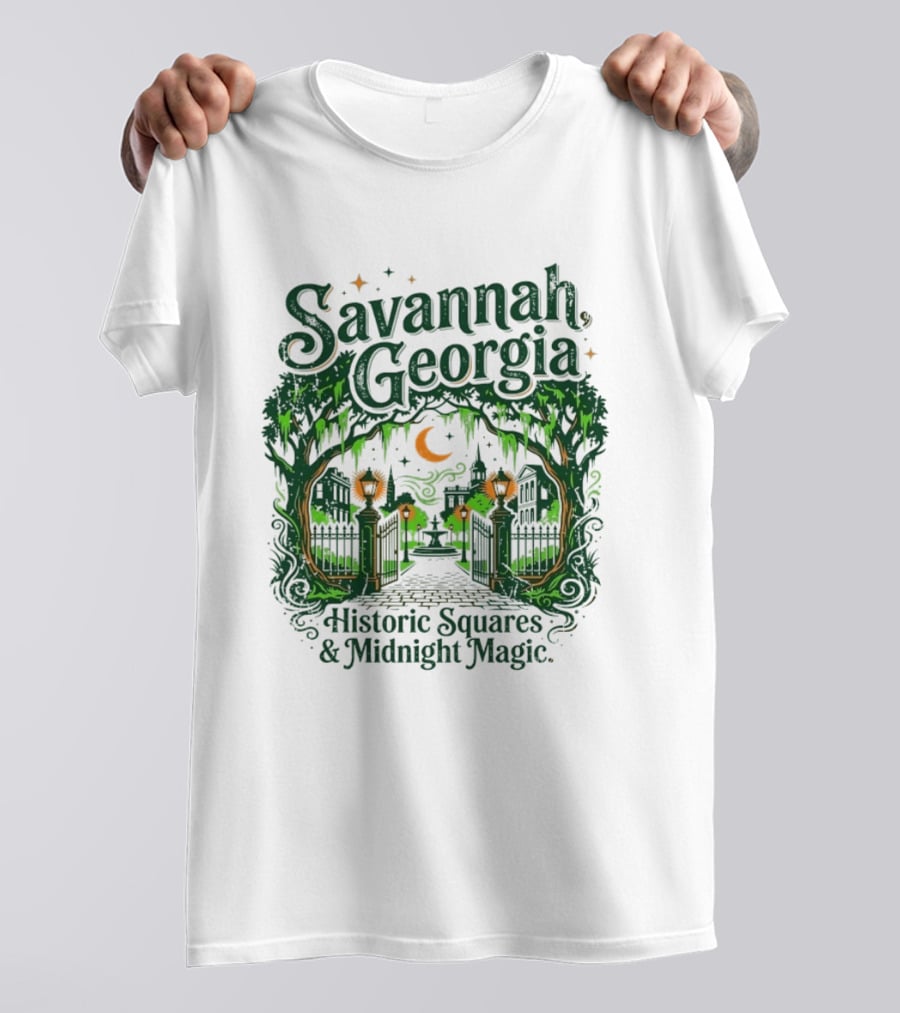 Savannah Georgia Historic Squares Midnight Magic Crescent Moon And Lanterns T-Shirt