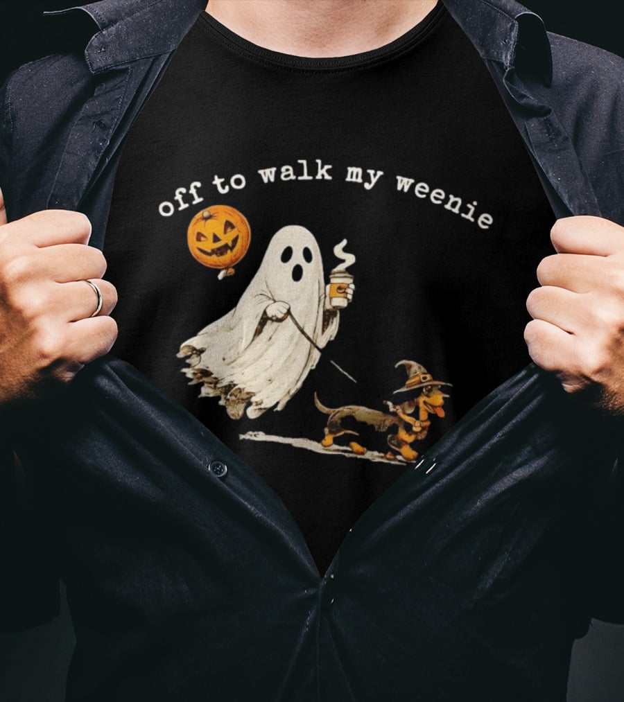 Ghost Walking With Pumpkin Balloon And Dachshund Halloween Fun T-Shirt