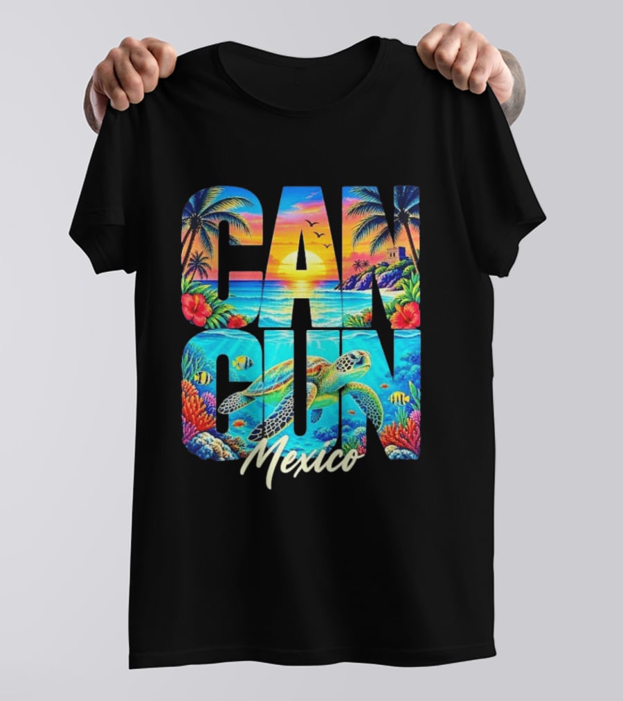 Cancun Mexico Tropical Sea Turtle Sunset Palm Trees Ocean Scene T-Shirt