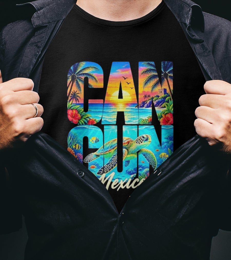 Cancun Mexico Tropical Sea Turtle Sunset Palm Trees Ocean Scene T-Shirt