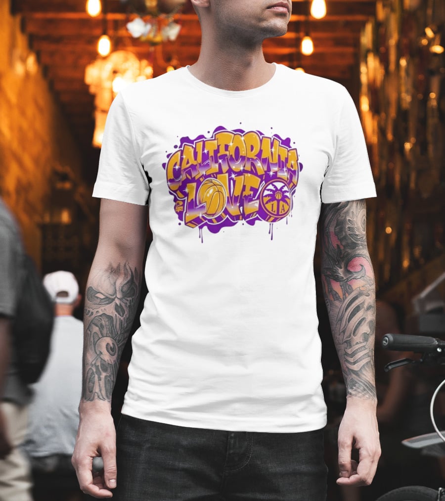 California Love Los Angeles Basketball LA Graffiti Style With Palm Trees And Purple Basketball T-Shirt