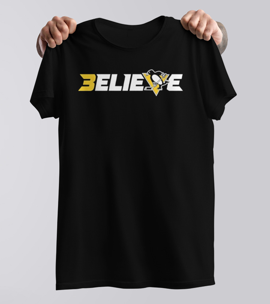 Pittsburgh Penguins Believe NHL Hockey Logo Triangular Yellow Black White Silhouette Iconic Team T-Shirt