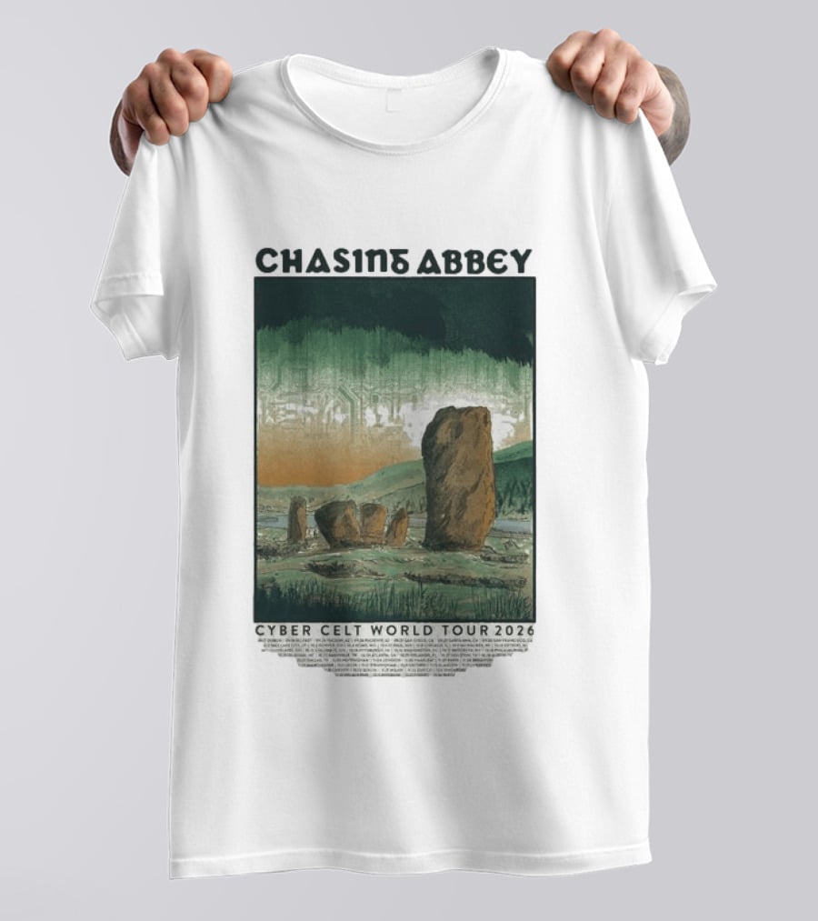 Chasins Abbey Cyber Celt World Tour 2026 Digital Stonehenge Landscape T-Shirt