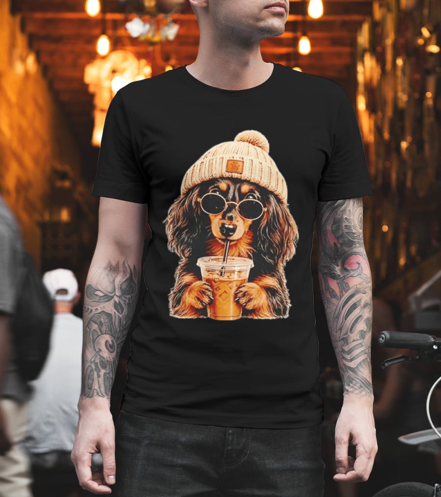 Dachshund Beanie Sunglasses Iced Coffee Trendy Dog Fashion T-Shirt