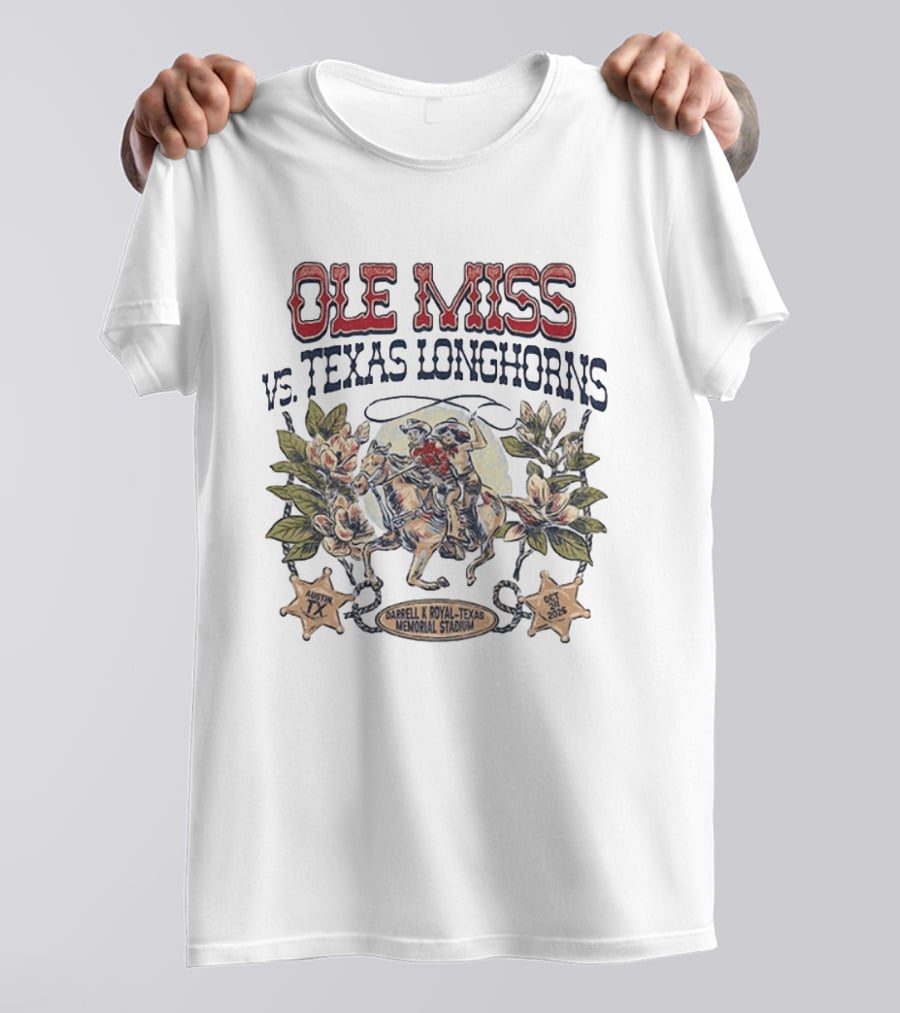 Ole Miss Rebels Vs Texas Longhorns 2026 Game Day Darrell K Royal Texas Memorial Stadium Austin TX October T-Shirt