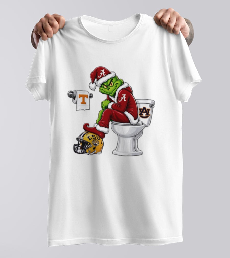 Alabama Crimson Tide Santa Grinch Sitting Auburn Toilet LSU Helmet Christmas T-Shirt