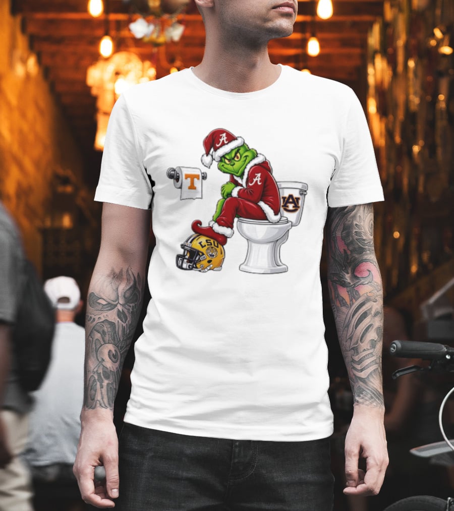 Alabama Crimson Tide Santa Grinch Sitting Auburn Toilet LSU Helmet Christmas T-Shirt