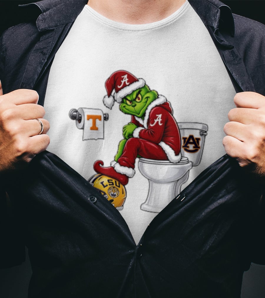 Alabama Crimson Tide Santa Grinch Sitting Auburn Toilet LSU Helmet Christmas T-Shirt