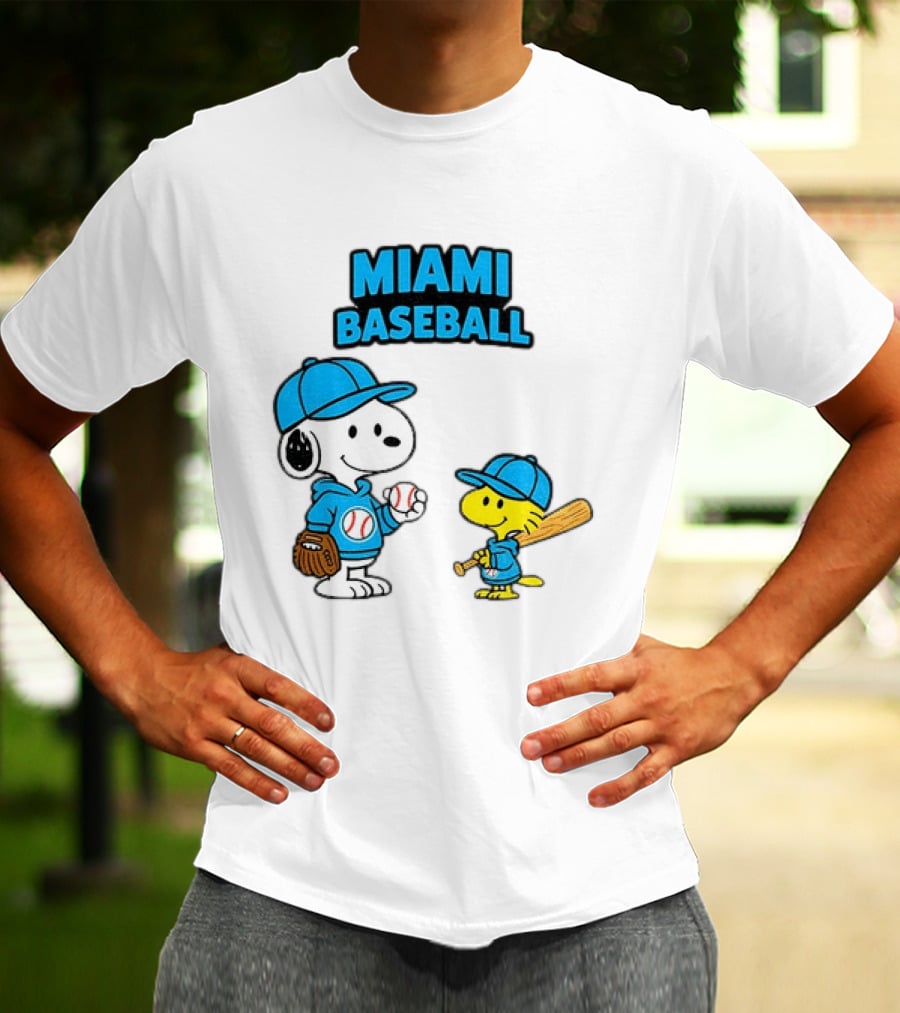 Snoopy Woodstock Miami Baseball Peanuts Cartoon MLB T-Shirt