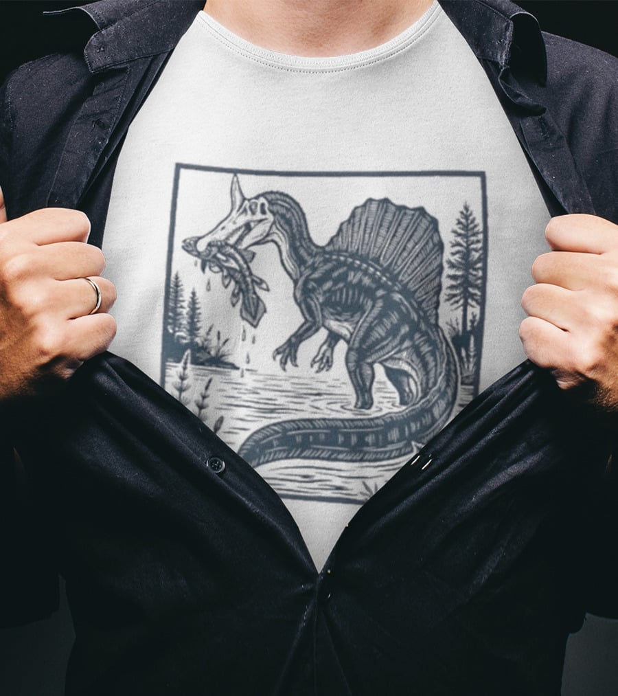 Spinosaurus Catching Fish With Forest T-Shirt