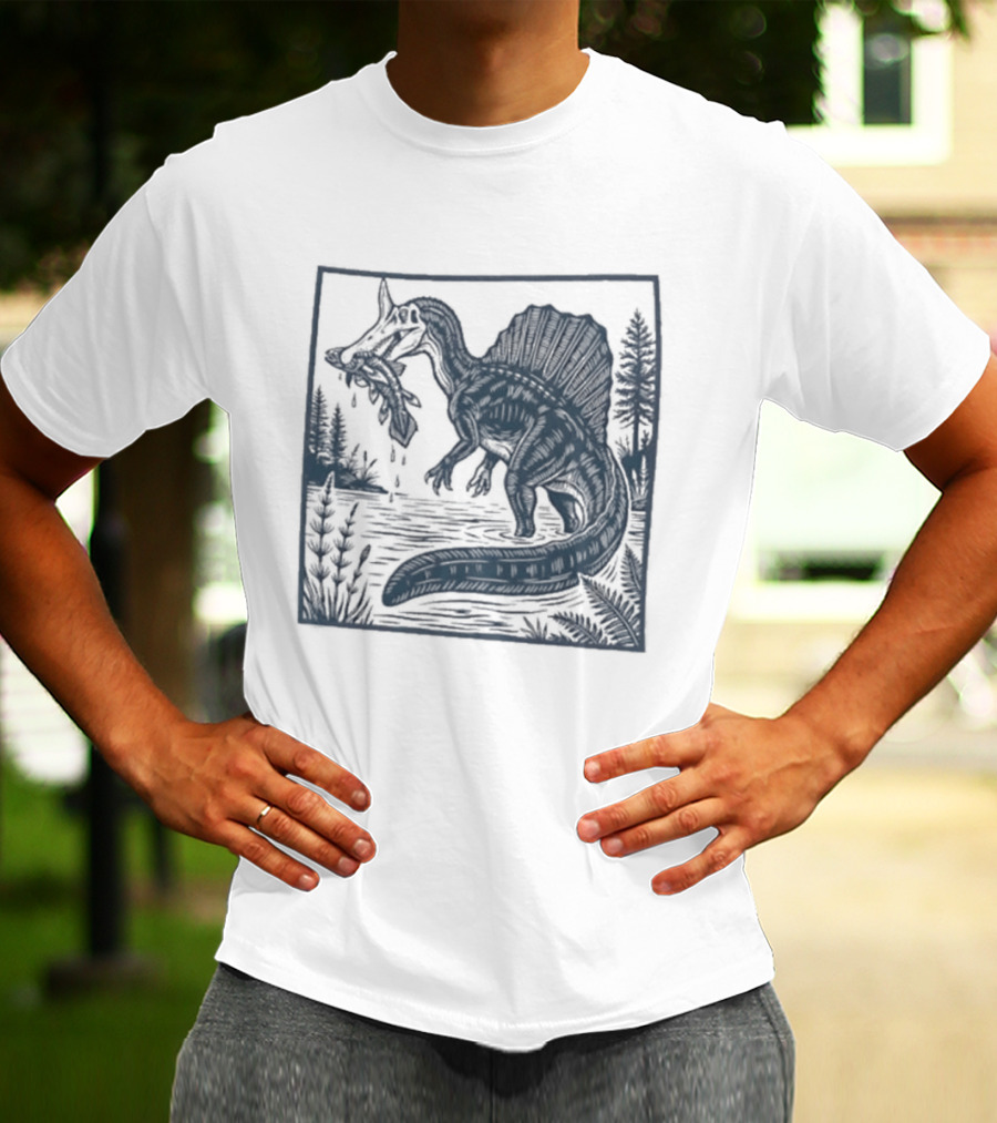 Spinosaurus Catching Fish With Forest T-Shirt