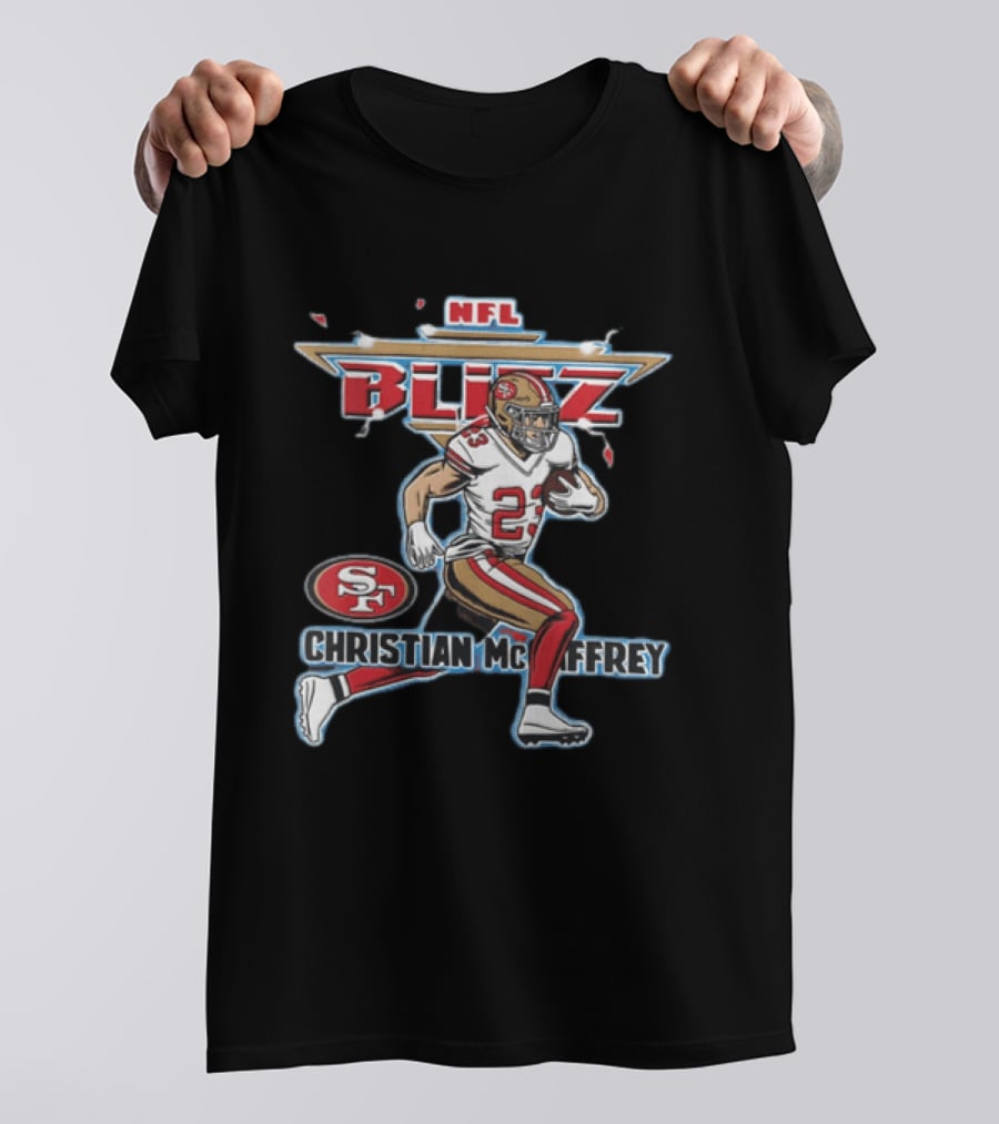NFL Blitz 23 Christian McCaffrey San Francisco 49ers Football Player Running With Ball T-Shirt