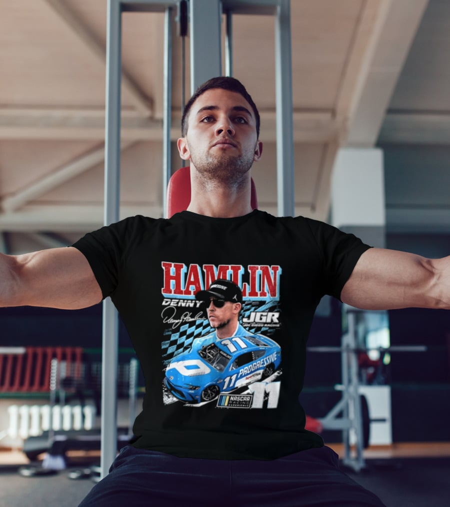 Denny Hamlin Joe Gibbs Racing NASCAR Progressive 11 Racer With Signature And Sunglasses T-Shirt