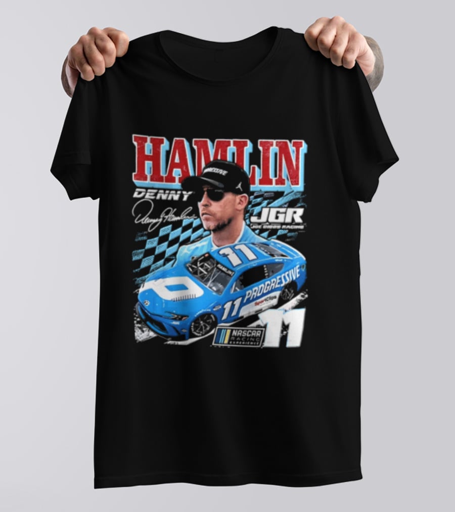 Denny Hamlin Joe Gibbs Racing NASCAR Progressive 11 Racer With Signature And Sunglasses T-Shirt