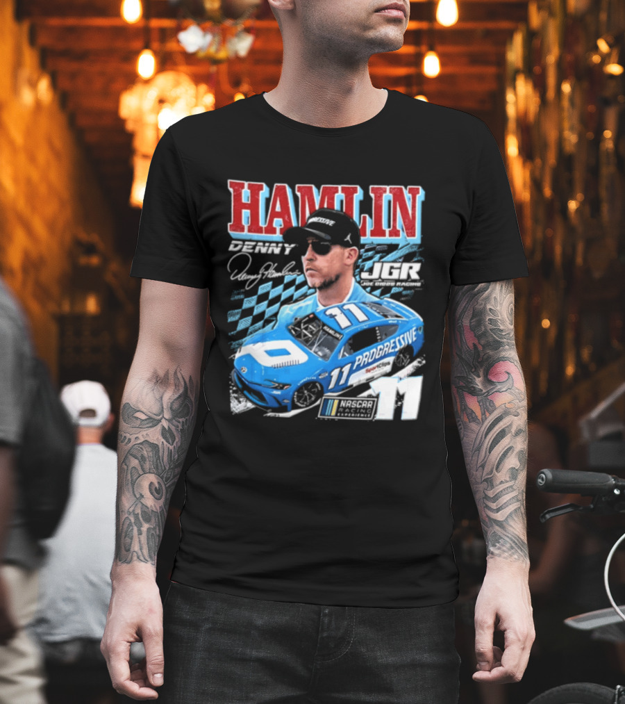 Denny Hamlin Joe Gibbs Racing NASCAR Progressive 11 Racer With Signature And Sunglasses T-Shirt