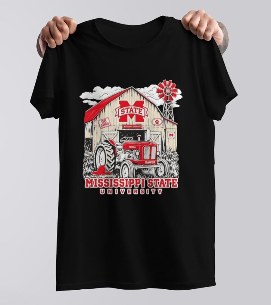 Mississippi State University Bulldogs Country Farmall Tractor Barn With Go Dawgs And Windmill T-Shirt