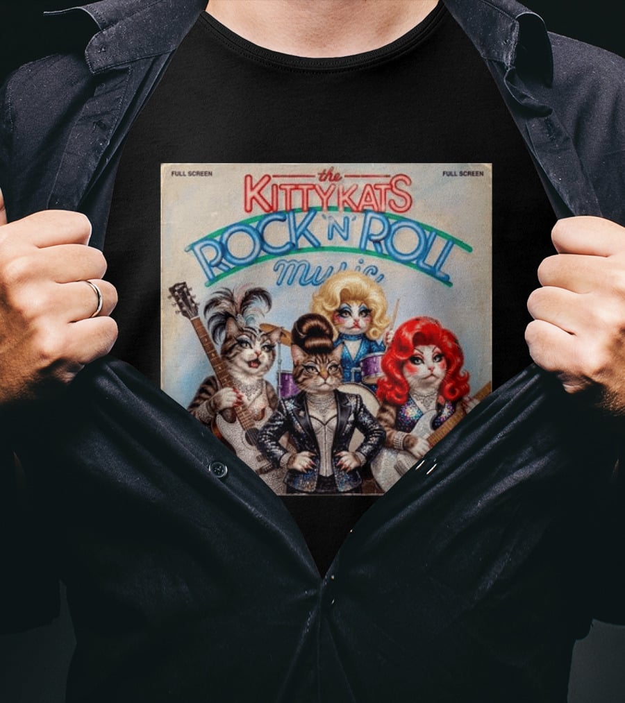 The Kitty Kats Rock 'N' Roll Music Full Screen Vintage Cats With Guitars T-Shirt