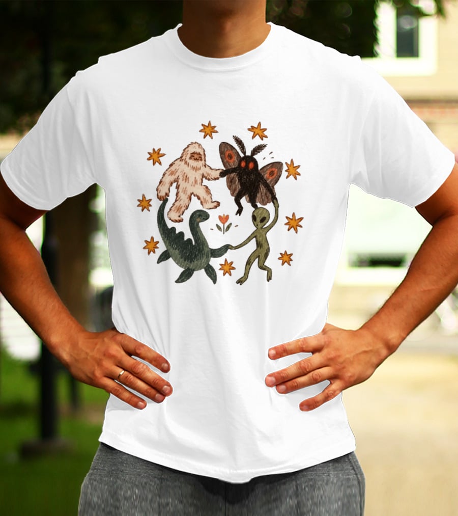 Bigfoot Mothman Loch Ness Monster Alien Dancing Cryptids With Stars T-Shirt