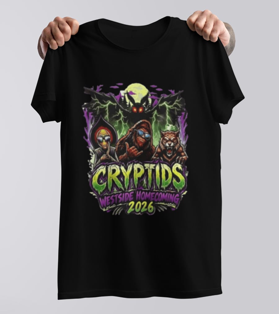Cryptids Alien Bigfoot Werewolf Mothman Westside Homecoming 2026 Moon Lightning T-Shirt