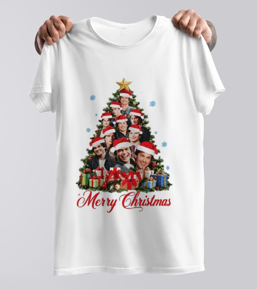 Merry Christmas All I Want For Christmas Is Damon Salvatore Santa Hat Christmas Tree T-Shirt