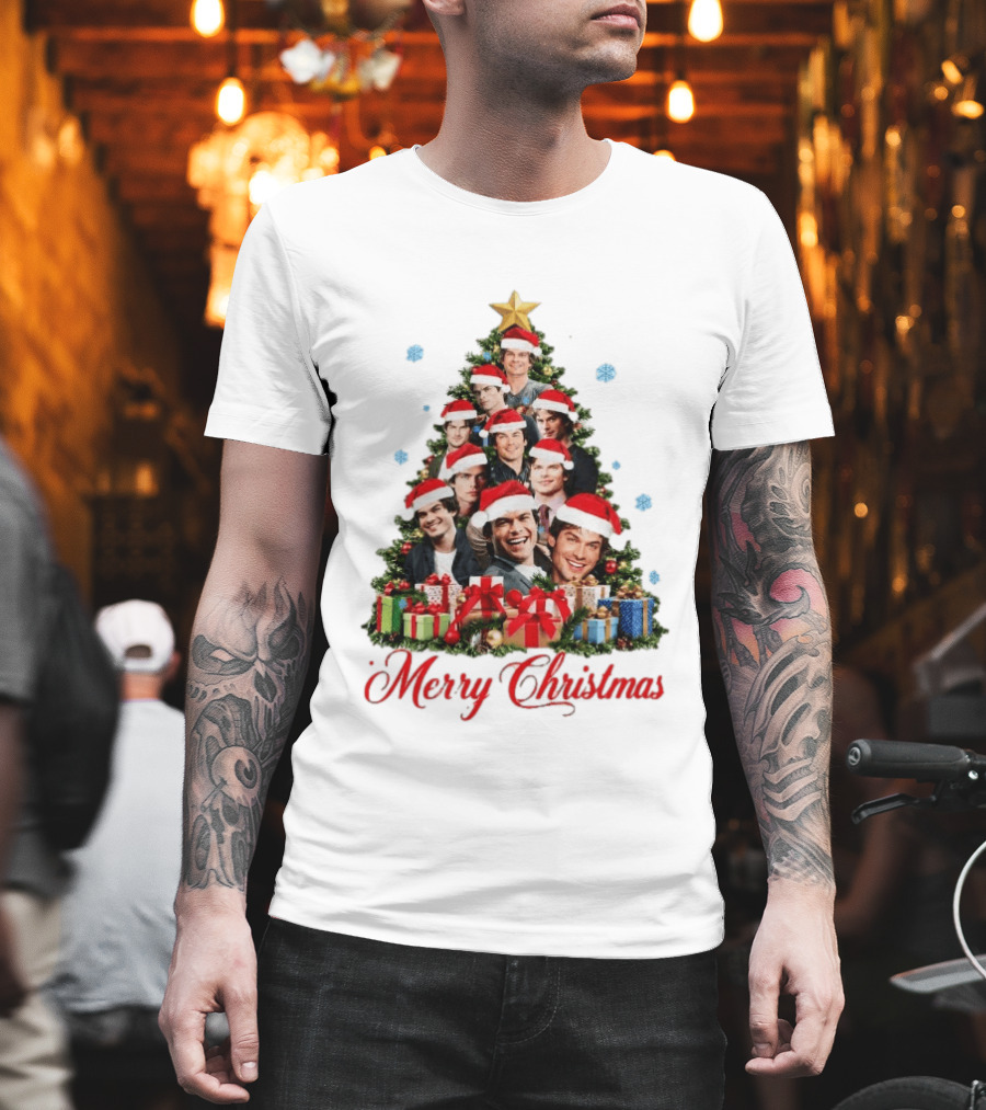 Merry Christmas All I Want For Christmas Is Damon Salvatore Santa Hat Christmas Tree T-Shirt