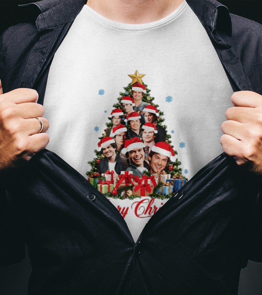 Merry Christmas All I Want For Christmas Is Damon Salvatore Santa Hat Christmas Tree T-Shirt