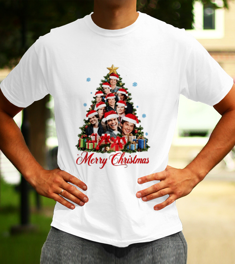 Merry Christmas All I Want For Christmas Is Damon Salvatore Santa Hat Christmas Tree T-Shirt