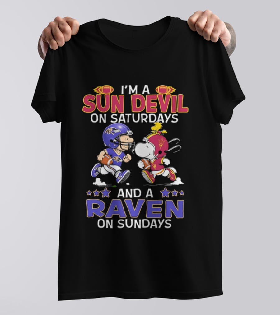 I'm A Sun Devil On Saturdays And A Raven On Sundays Snoopy And Charlie Brown Football T-Shirt