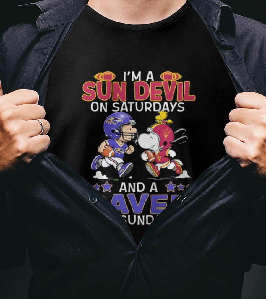 I'm A Sun Devil On Saturdays And A Raven On Sundays Snoopy And Charlie Brown Football T-Shirt