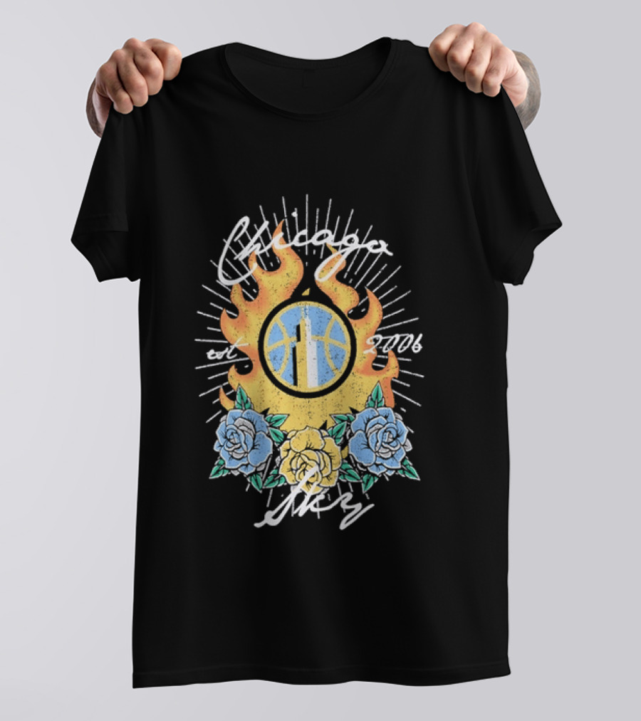Chicago Sky Est 2006 WNBA Distressed Floral Basketball Flame T-Shirt