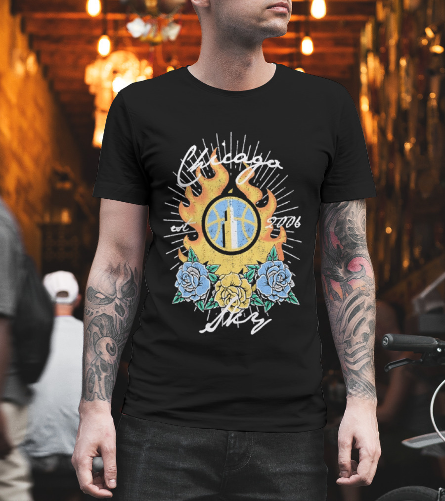 Chicago Sky Est 2006 WNBA Distressed Floral Basketball Flame T-Shirt