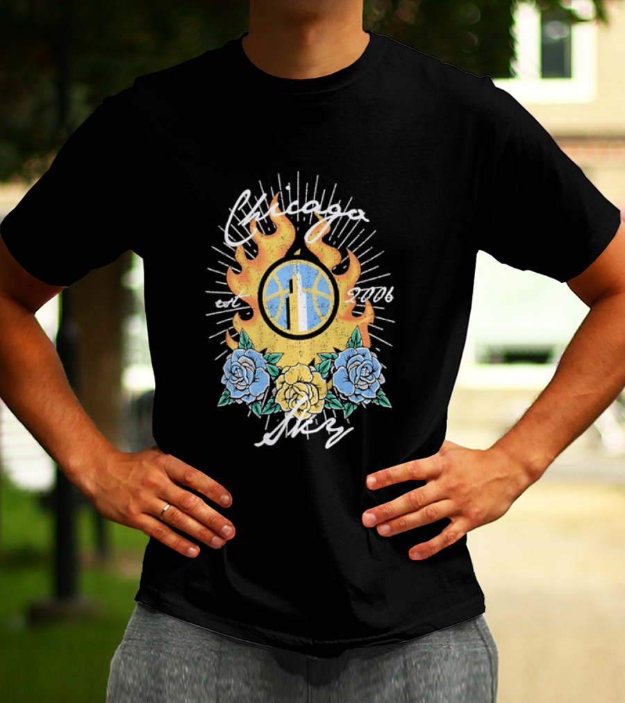 Chicago Sky Est 2006 WNBA Distressed Floral Basketball Flame T-Shirt