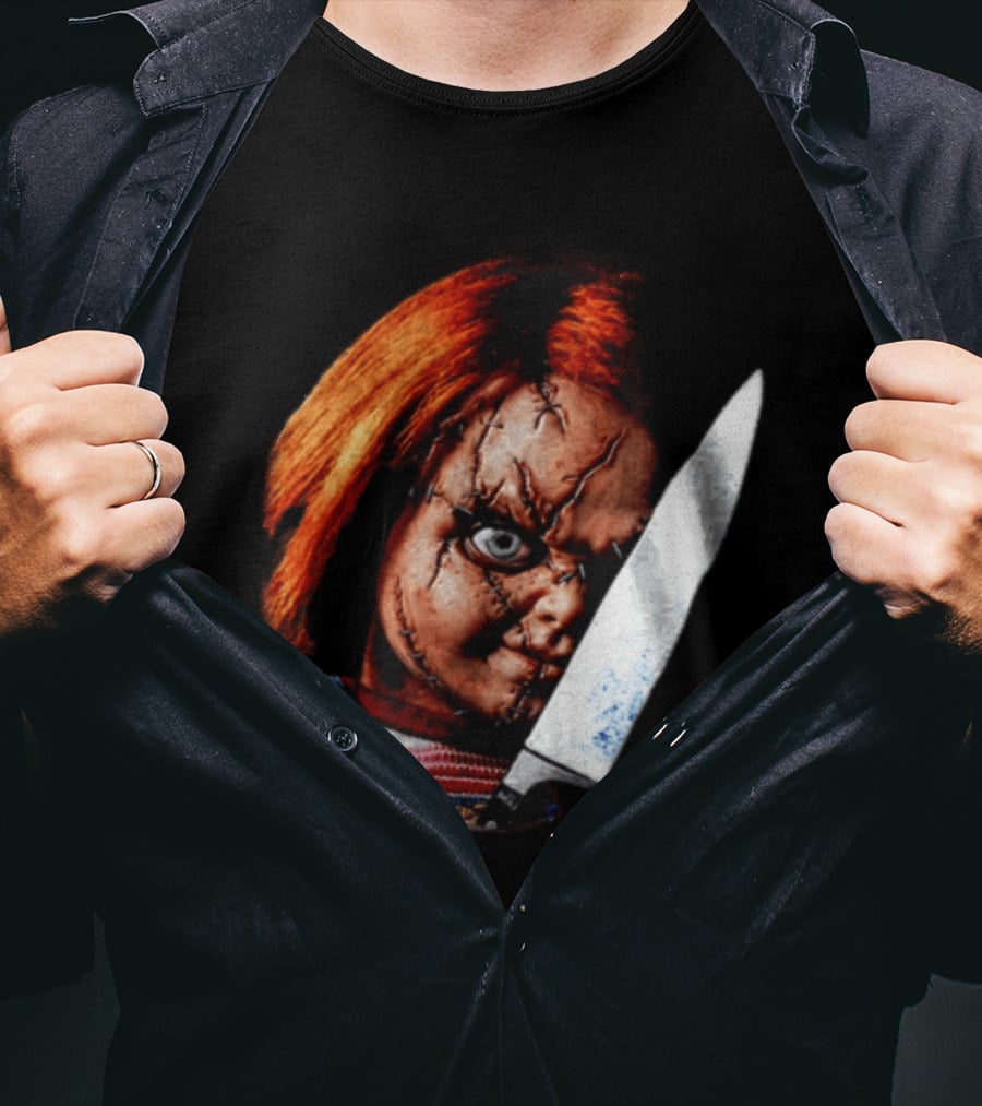 Chucky Child's Play Stitched Doll Knife Horror Movie Character 2 Sided T-Shirt