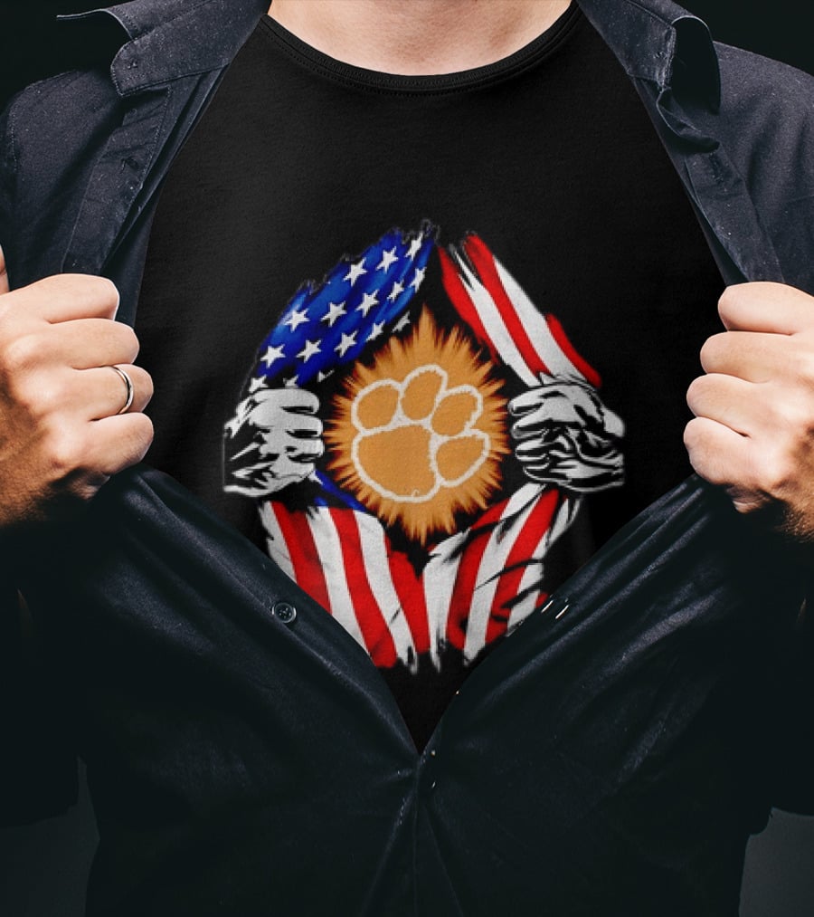 Clemson Tigers Paw Print Ripped American Flag T-Shirt