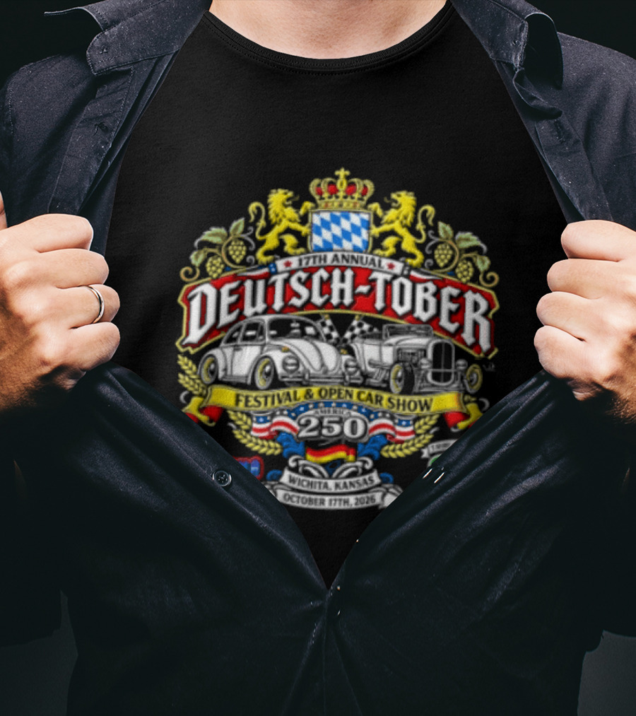 Deutsch Tober Festival Open Car Show Wichita Kansas October 17th 2026 Bavarian Crest Lions Cars SRS SB Shep Boys T-Shirt